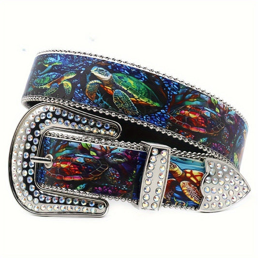 Fashion Belt - Diamond Sea Turtle Print Y2K Luxury Rhinestone Embellished Unisex - main product view