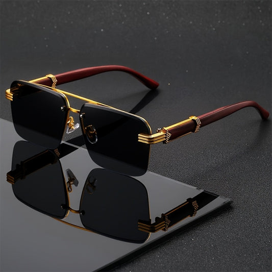 Fashion Glasses - Semi-Rimless Eyeglasses for Men Lightweight Metal Frame Woodgrain Temple - main product view