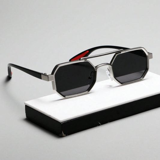 Fashion Sunglasses - Double Bridge Unisex Geometric Metal Frame, AC UV Lenses, Silver Eyewear - main product view