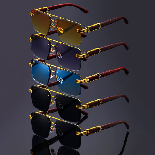 Fashion Sunglasses - Rimless Glasses 5 Pack Double Bridge Wooden Temple Polycarbonate Lenses - main product view