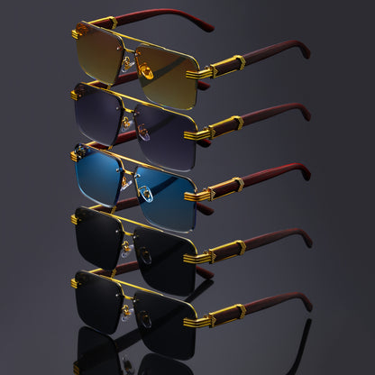 Fashion Sunglasses - Rimless Glasses 5 Pack Double Bridge Wooden Temple Polycarbonate Lenses - product detail view 10