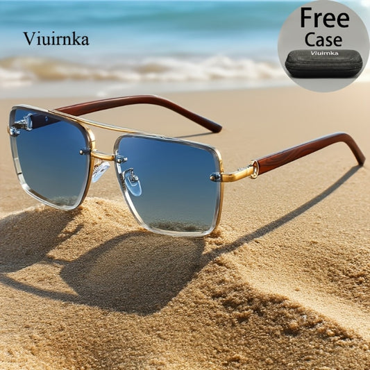 Fashion Sunglasses - Square Double Bridge Wood Grain Gold Frame Gradient Lenses Unisex Retro - main product view