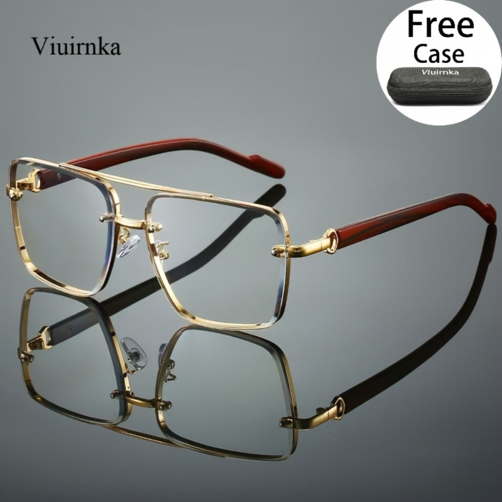 Fashion Sunglasses - Square Double Bridge Wood Grain Gold Frame Gradient Lenses Unisex Retro - product detail view 13