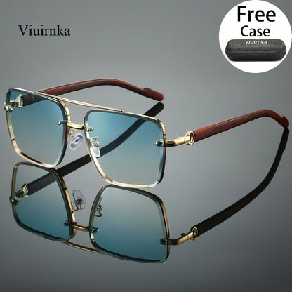 Fashion Sunglasses - Square Double Bridge Wood Grain Gold Frame Gradient Lenses Unisex Retro - product detail view 15