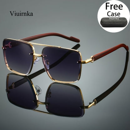 Fashion Sunglasses - Square Wood Grain Temple Double Beam Gold Frame Unisex Retro 7 Gradient - product detail view 3