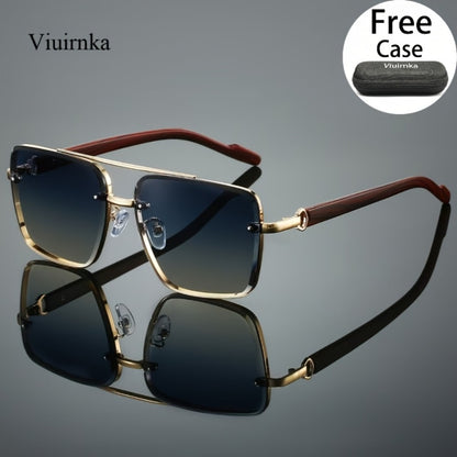 Fashion Sunglasses - Square Wood Grain Temple Double Beam Gold Frame Unisex Retro 7 Gradient - product detail view 6