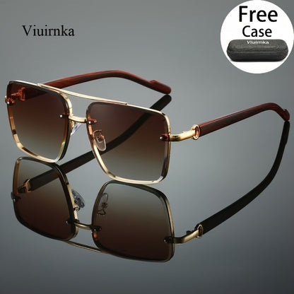 Fashion Sunglasses - Square Wood Grain Temple Double Beam Gold Frame Unisex Retro 7 Gradient - product detail view 12