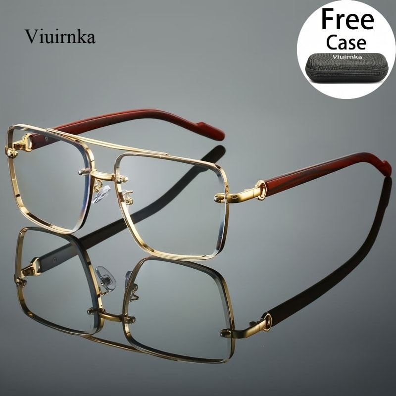 Fashion Sunglasses - Square Wood Grain Temple Double Beam Gold Frame Unisex Retro 7 Gradient - product detail view 17
