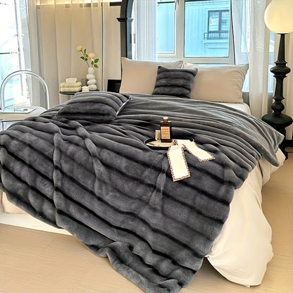 Faux Rabbit Fur Throw Blanket - Striped Double-Sided Flannel Back – view 3
