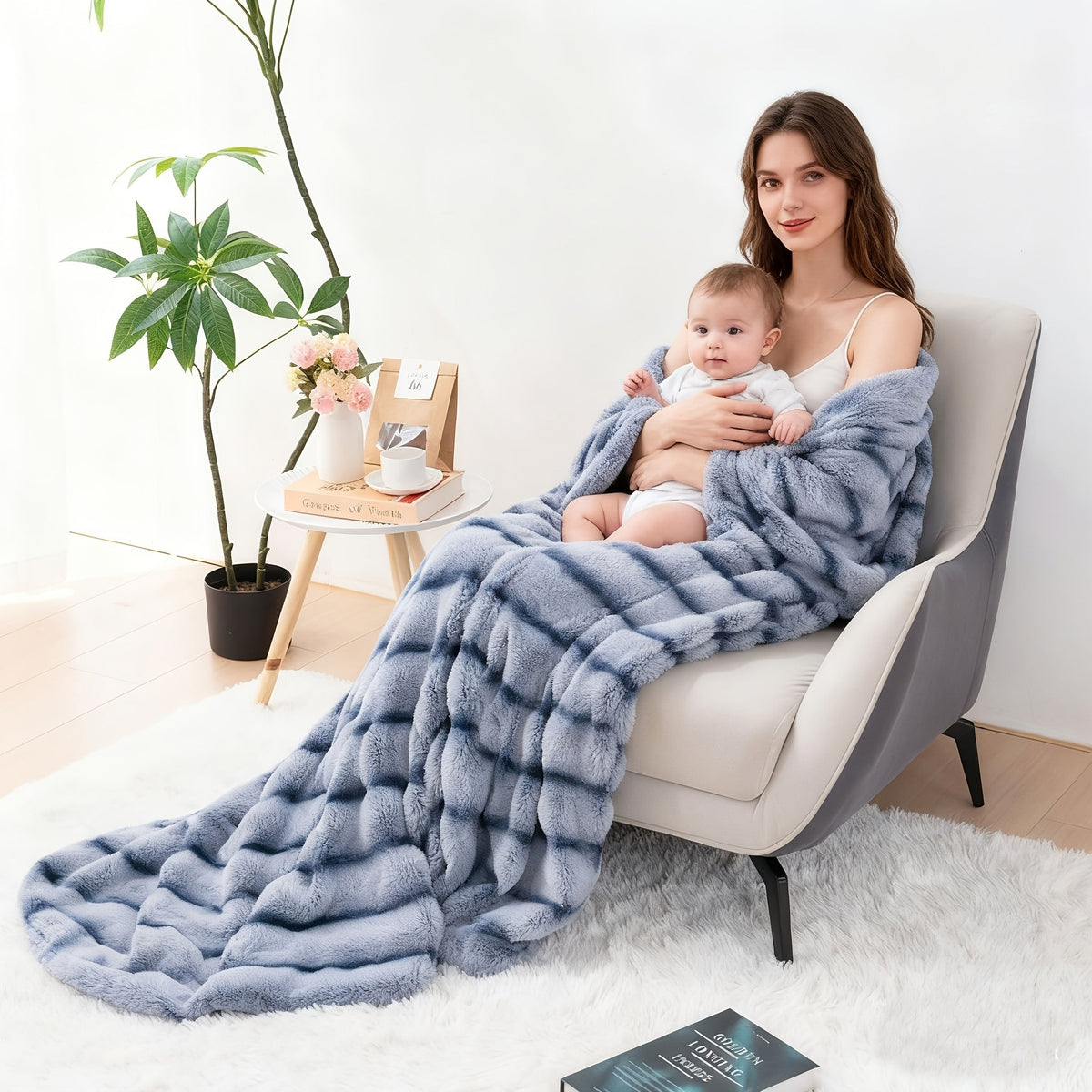 Faux Rabbit Fur Throw Blanket - Striped Double-Sided Flannel Back – view 5