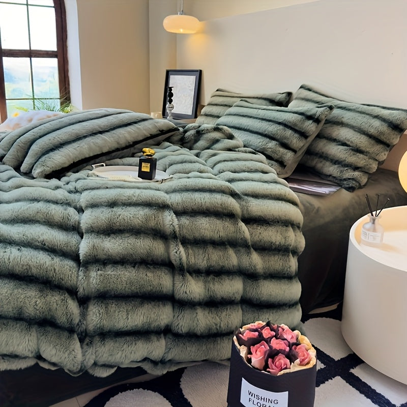 Faux Rabbit Fur Throw Blanket - Striped Double-Sided Flannel Back – view 6