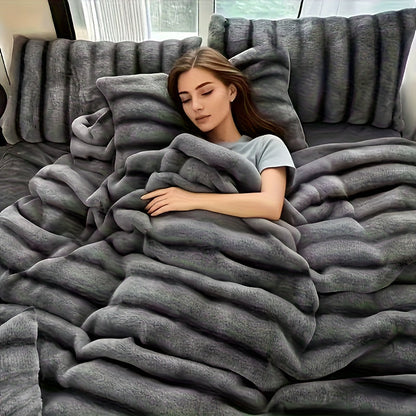 Faux Rabbit Fur Throw Blanket - Striped Double-Sided Flannel Back – view 7