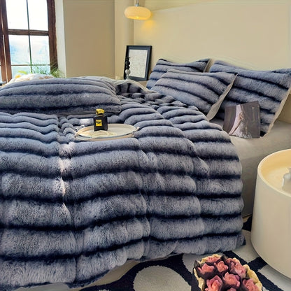 Faux Rabbit Fur Throw Blanket - Striped Double-Sided Flannel Back – view 11