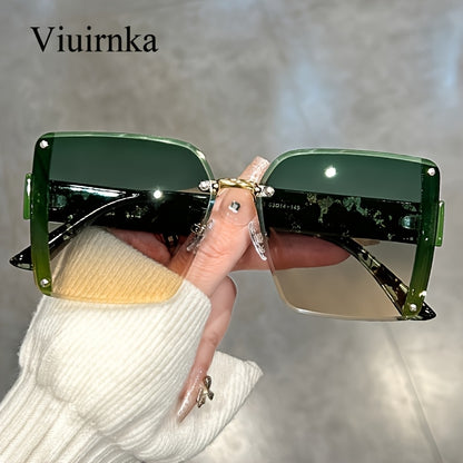Oversized Rimless Sunglasses Women Square Frame Gradient Lenses Lightweight Unisex Summer Eyewear with Case Beach Party Halloween Christmas Gift Green Orange Black