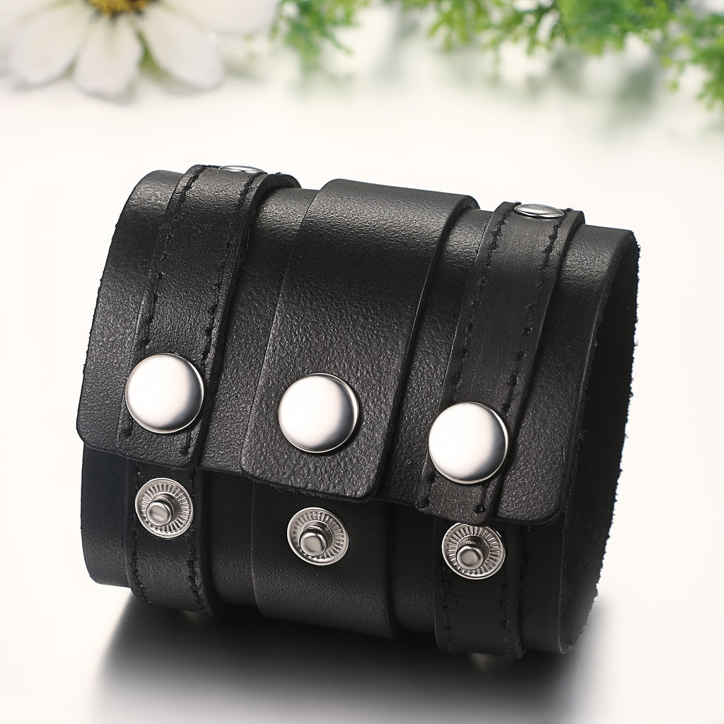 Flongo Men'S Punk Rocker Biker Bracelet Wide Faux Leather Straps Wristband Cuff