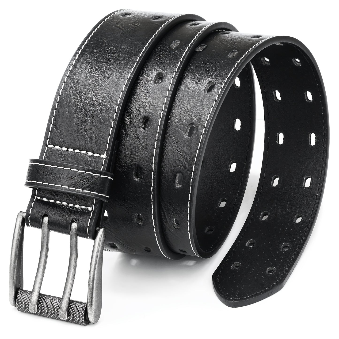 Double Prong Belt for Men - Faux Leather, Heavy Duty Work Belt, Classic Casual, Sizes 34"-46", 4 Colors, Gift for Dad & Husband