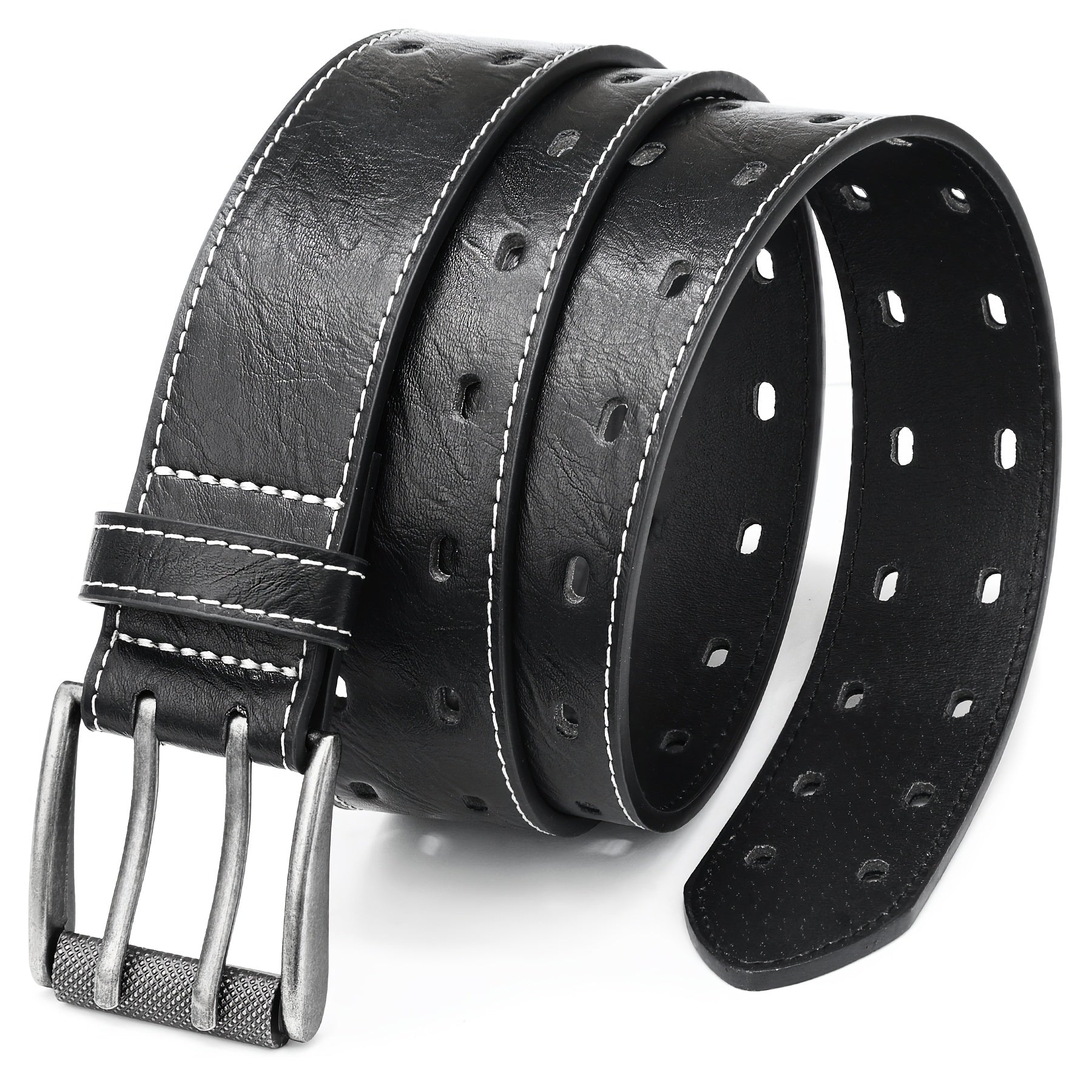 LCG LUCHENGYI Men'S Double Prong Faux Leather Belt Fashion Classic Casual Belts Heavy Duty Work Belts for Jeans Pants, The Perfect Gift for Dad & Husband