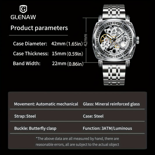 GLENAW Carved Automatic Watches for Men, Retro Tattoo Skeleton Self-Winding Mechanical Watch Men's Automatic - 3 ATM Waterproof, Luminous Hands, Skeleton Dial, Ideal for Everyday Wear and Formal Occasions
