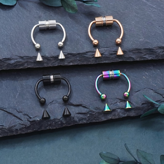 12pcs Set Of Magnetic Fake Nose Rings with Replacement Ball Nose Clip Silvery Black Stainless Steel Punk Style Septum Ring for Women, Safe And Painless Nostril Non Piercing Jewelry