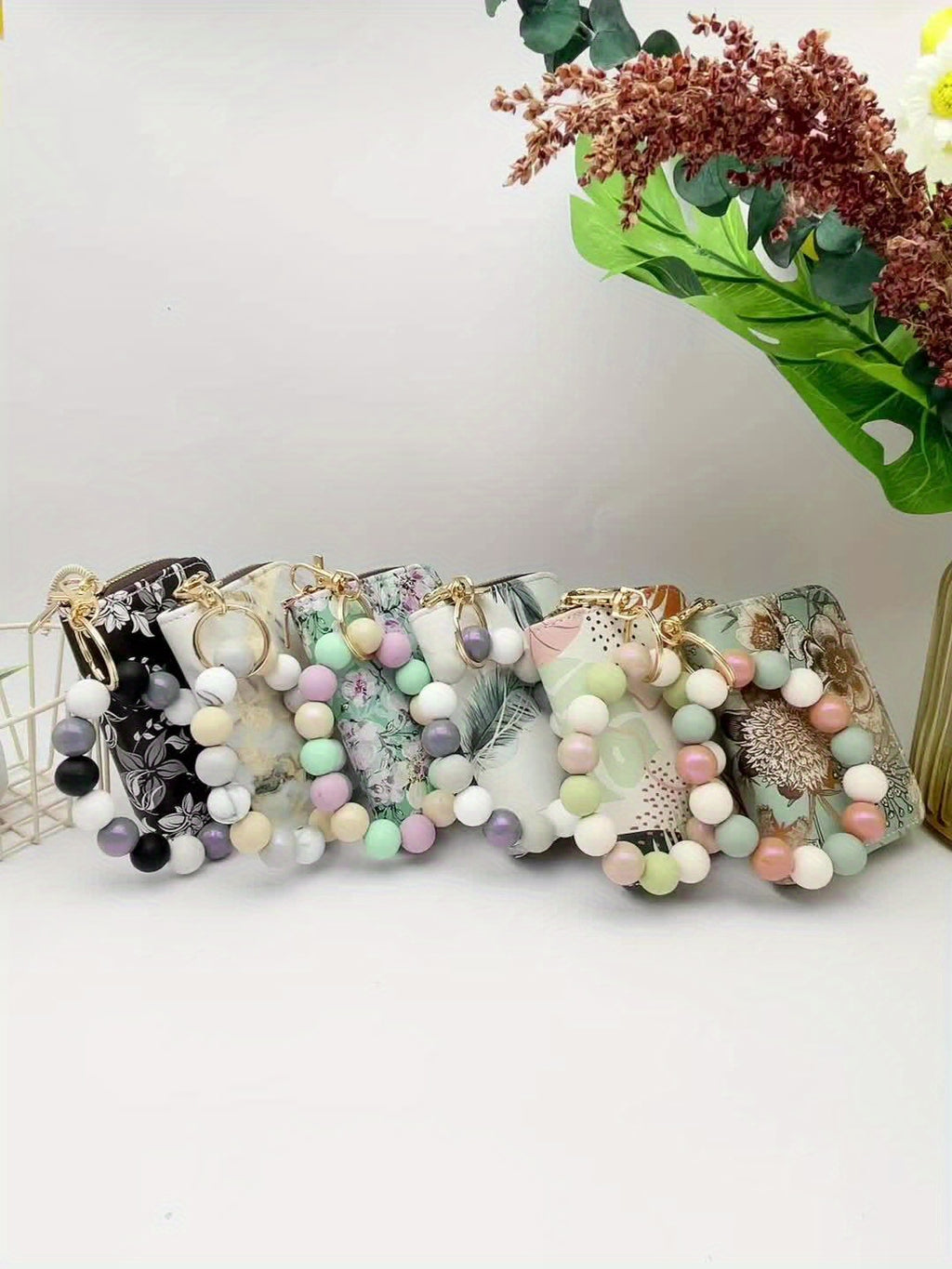 1pc Fashionable And Elegant Bright Bead Bead Wrist Keychain Printed Organ Storage Bag ID Storage Bag Clip Women'S Zero Wallet Keychain Gift For Friends And Mothers