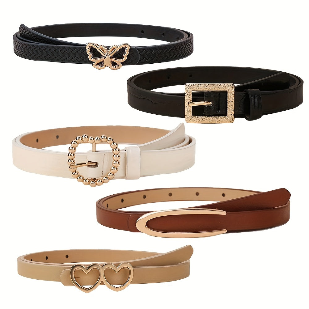 5pcs Fashionable PU Belts with Vintage Buckles Multicolor Solid Colors for Jeans And Casual Wear