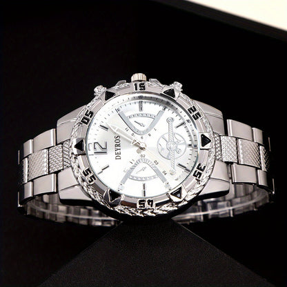 Quartz Watch Set for Men 6pcs Stainless Steel Analog Wristwatch – Date Display Round Dial Classic Luxury Timepiece Gift Box, Reloj Para Hombre