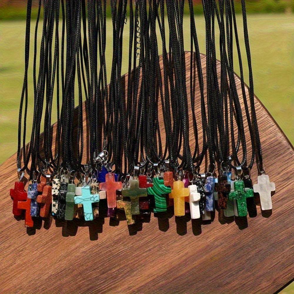 50pcs Natural Stone Cross & Black Necklace Set - 25pcs Colorful Texture Natural Stone Cross Pendant + 25pcs Black Necklace for DIY Jewelry Making, Bracelets, Earrings & Craft, For Teenager