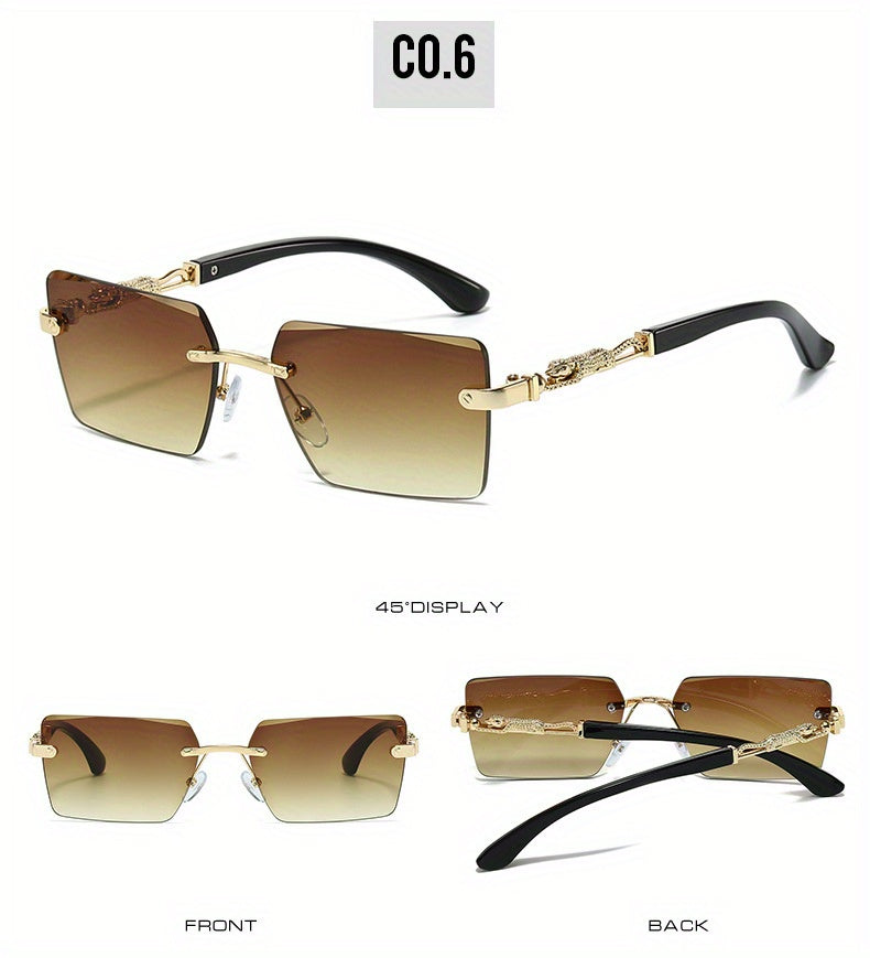 Unisex Luxury Frameless Black And Golden Sunglasses with Leopard-Decorated Arms - UV400 - Narrow Rectangular Lens - Includes Protective Case And Cleaning Cloth - High-End Gift for Men And Women - Stylish Eyewear for Driving, Travel, And Parties