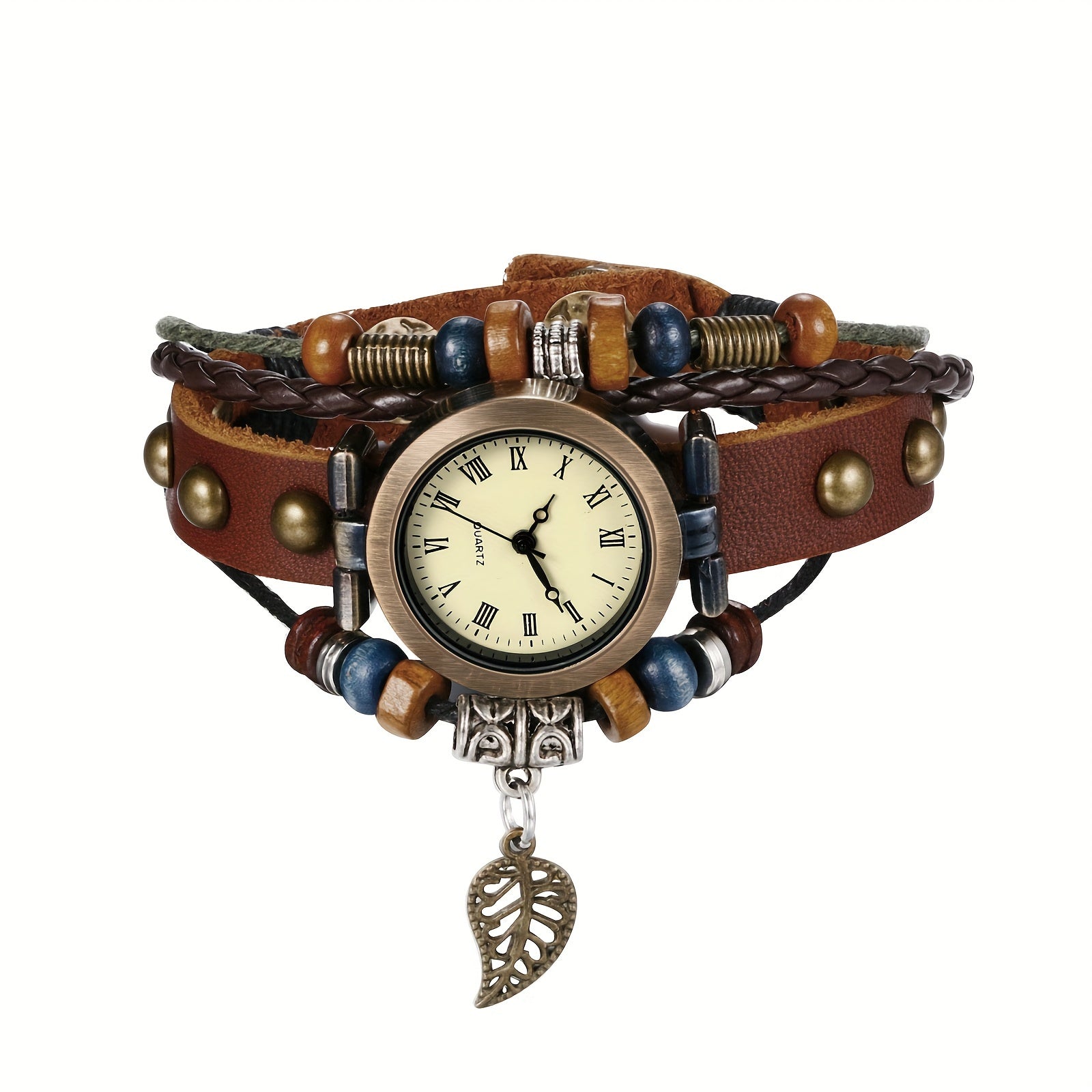 Vintage Casual Ethnic Analog Quartz Watch, Faux Leather Cord Multi-Layer Wrap Bracelet Watch with Pendant for Women, Christmas Birthday Gift