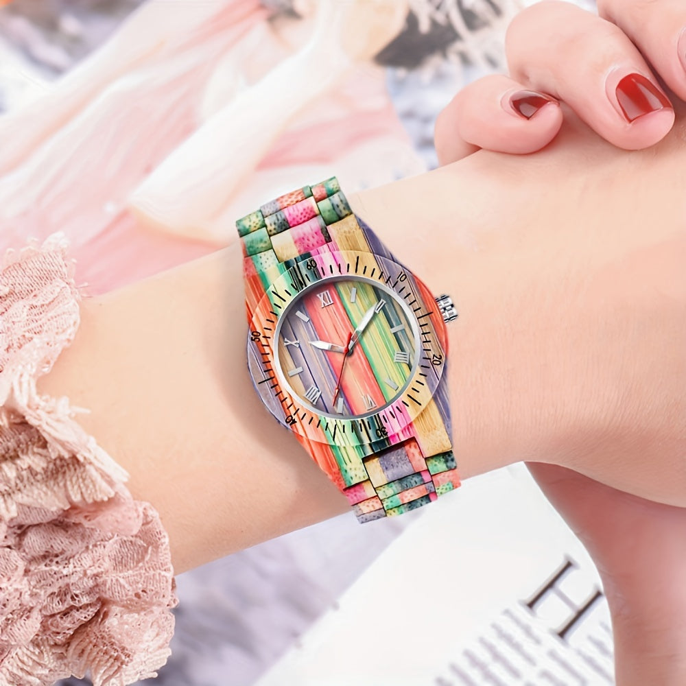 Handmade Bamboo Engraved Wooden Watch with Luminous Hands & Date Display - Lightweight Colorful Natural Wood Analog Quartz Wristwatch, Unique Eco-Friendly Gift for Men & Women
