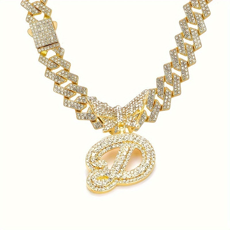 Cuban Link Chain Necklace - Initial Letter for Men Women - with Butterfly Alphabet Pendant A-Z, Gold & - product detail view