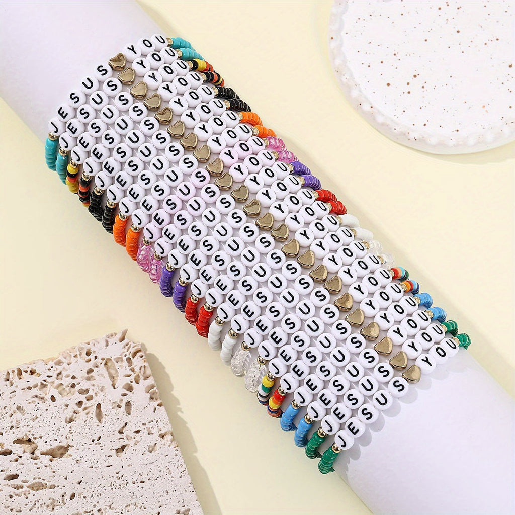24pcs Bracelet Bulk Handmade Clay Beads Jesus Friendship Bracelet Christian Jesus Love You Jewelry Accessories Christmas Easter Gift