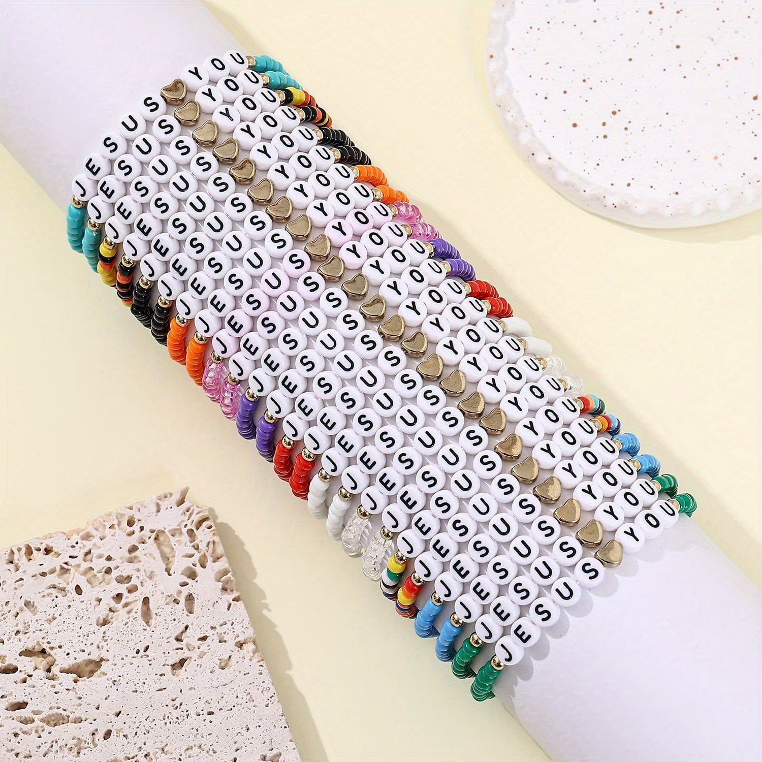 24pcs Bracelet Bulk Handmade Clay Beads Jesus Friendship Bracelet Christian Jesus Love You Jewelry Accessories Christmas Easter Gift