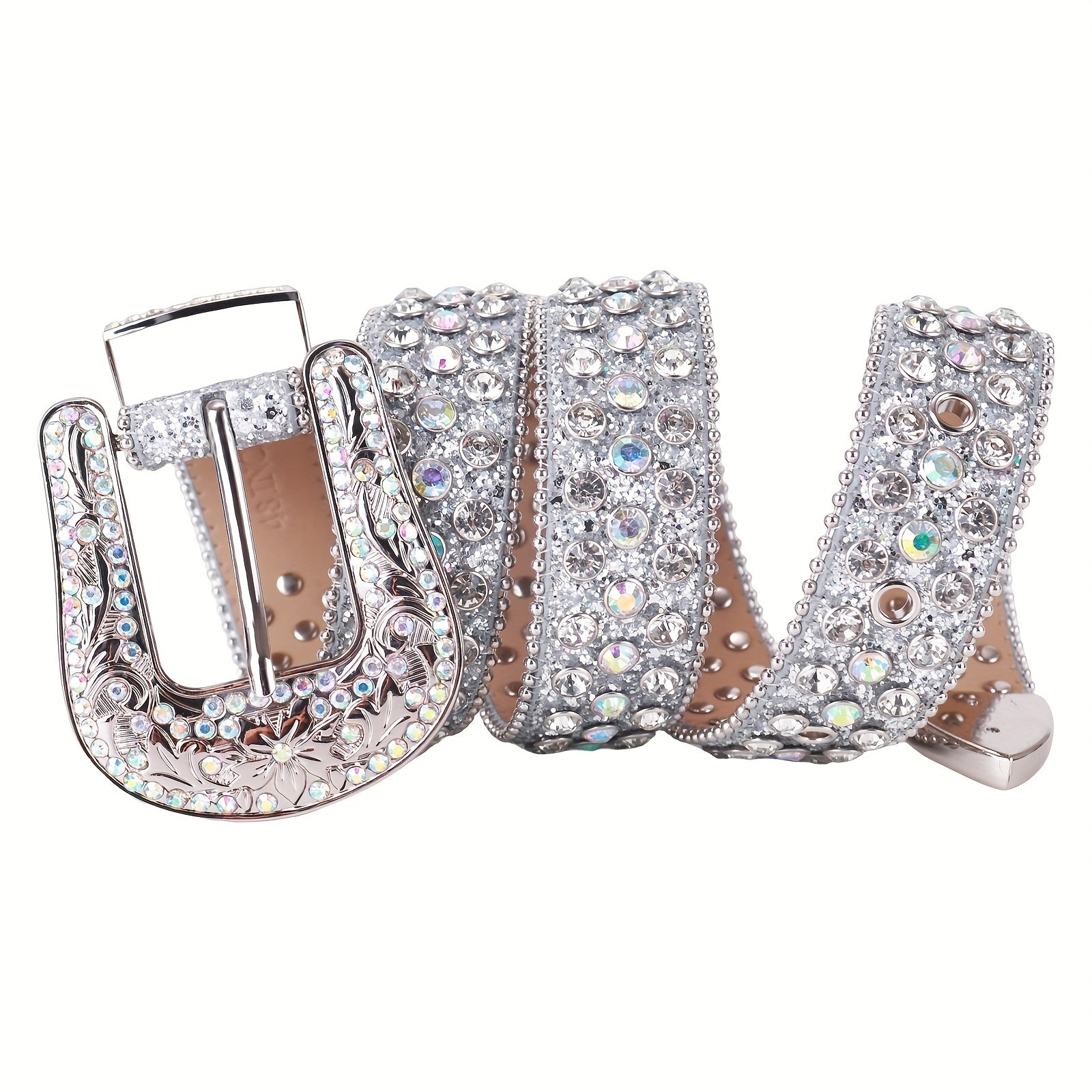 Silvery Sparkle Rhinestone Belts Women'S Luxury Bling Bling Carved Buckle Belt Punk Cowgirl Cowboy Crystal Studded Belts for Jeans