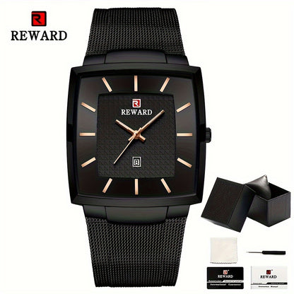 Men's Square Blue Dial Luxury Quartz Watch – Stainless Steel Strap, Luminous Hands, Date Display, Zinc Alloy Case Wristwatch for Men