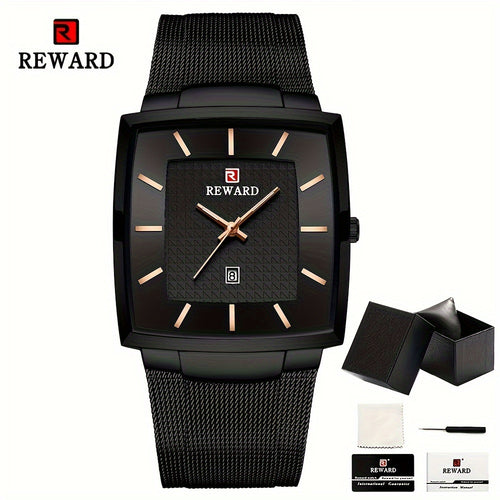 Men's Square Blue Dial Luxury Quartz Watch – Stainless Steel Strap, Luminous Hands, Date Display, Zinc Alloy Case Wristwatch for Men