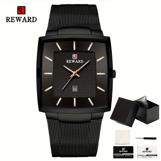 Men's Square Blue Dial Luxury Quartz Watch – Stainless Steel Strap, Luminous Hands, Date Display, Zinc Alloy Case Wristwatch for Men