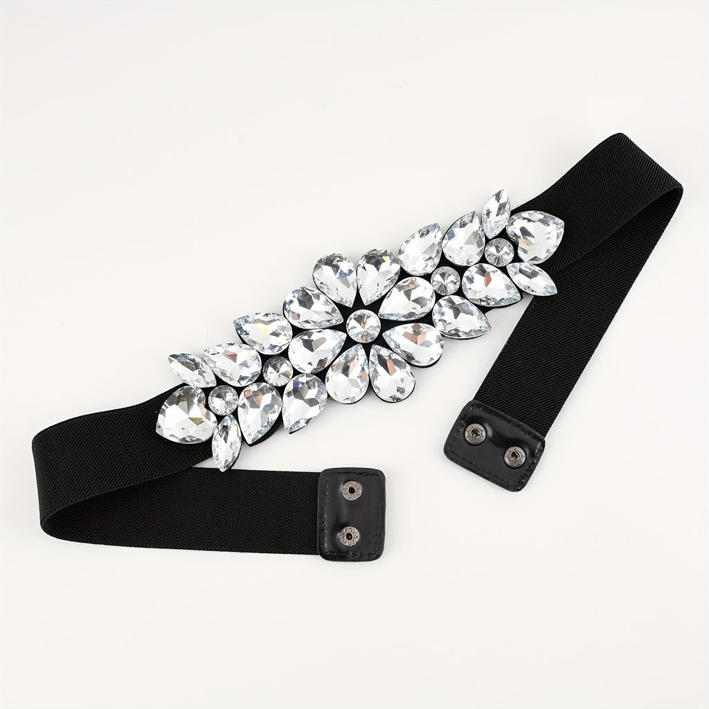Ladies Fashion Shiny Big Bead Glass Synthetic Gem Exaggerated Gorgeous Style Dinner Stretch Belt