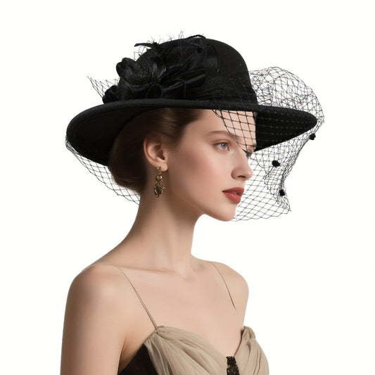 Fedora Hat - for Women Dome Top Flower Decoration Veiled Church Retro Elegant 1920s - main product view
