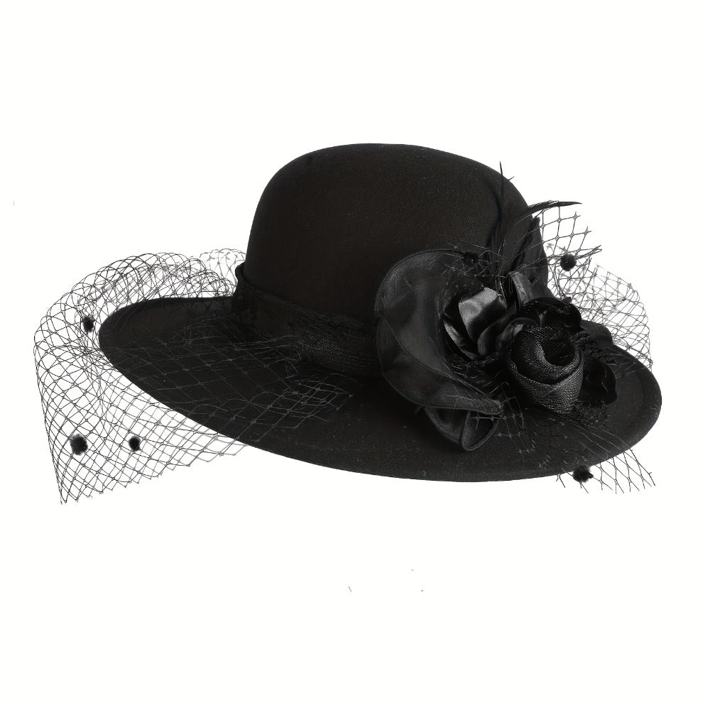 Fedora Hat - for Women Dome Top Flower Decoration Veiled Church Retro Elegant 1920s - product detail view 3