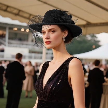 Fedora Hat - for Women Dome Top Flower Decoration Veiled Church Retro Elegant 1920s - product detail view 4