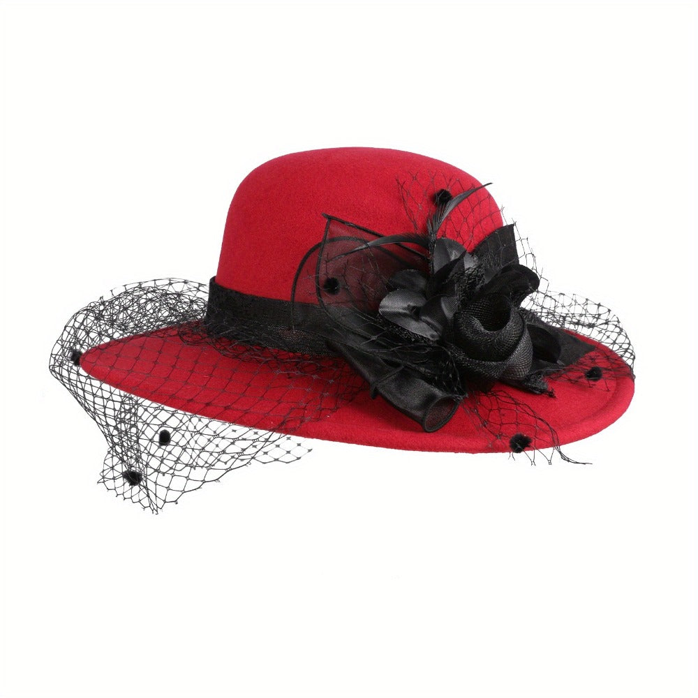 Fedora Hat - for Women Dome Top Flower Decoration Veiled Church Retro Elegant 1920s - product detail view 5