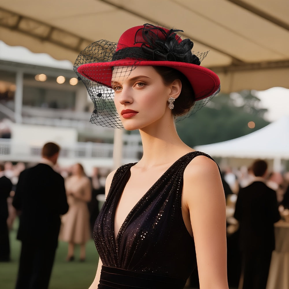 Fedora Hat - for Women Dome Top Flower Decoration Veiled Church Retro Elegant 1920s - product detail view 13