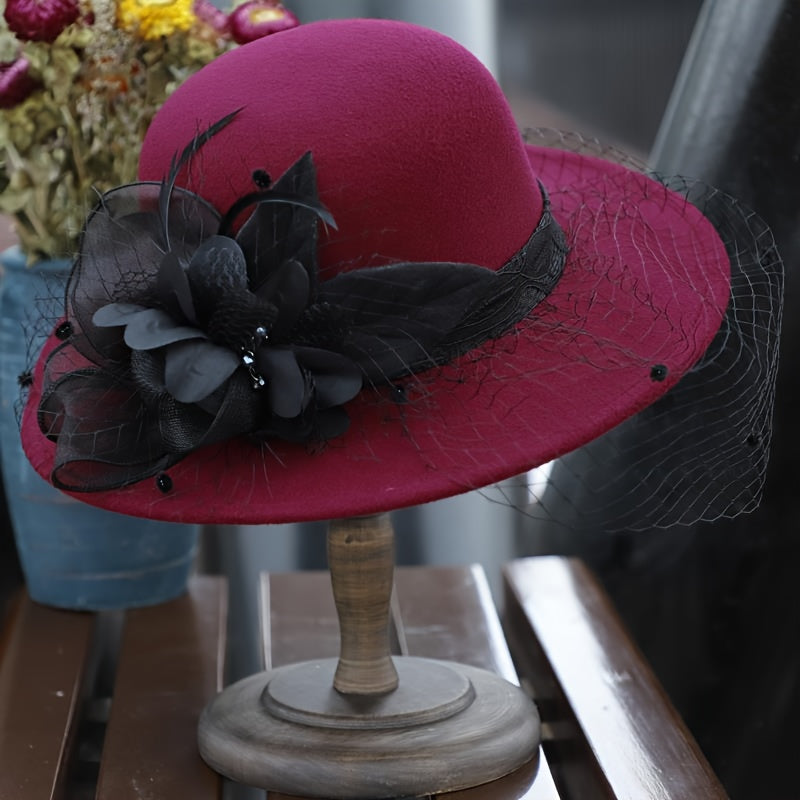 Fedora Hat - for Women Dome Top Flower Decoration Veiled Church Retro Elegant 1920s - product detail view 21