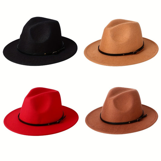 Fedora Hat - Panama Wide Brim Felt with Belt Buckle Women Men Trilby Cap 100% Polyester - main product view