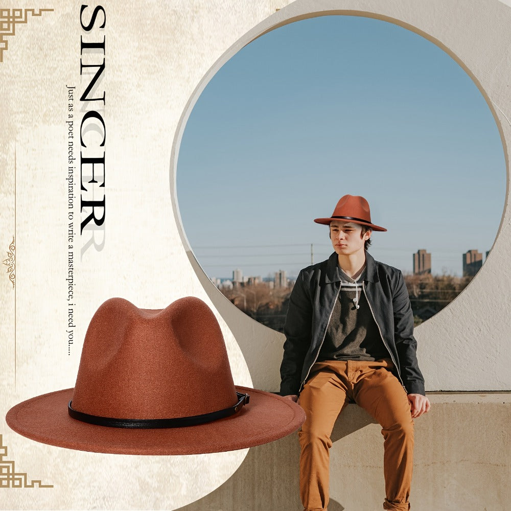 Fedora Hat - Panama Wide Brim Felt with Belt Buckle Women Men Trilby Cap 100% Polyester - product detail view 12