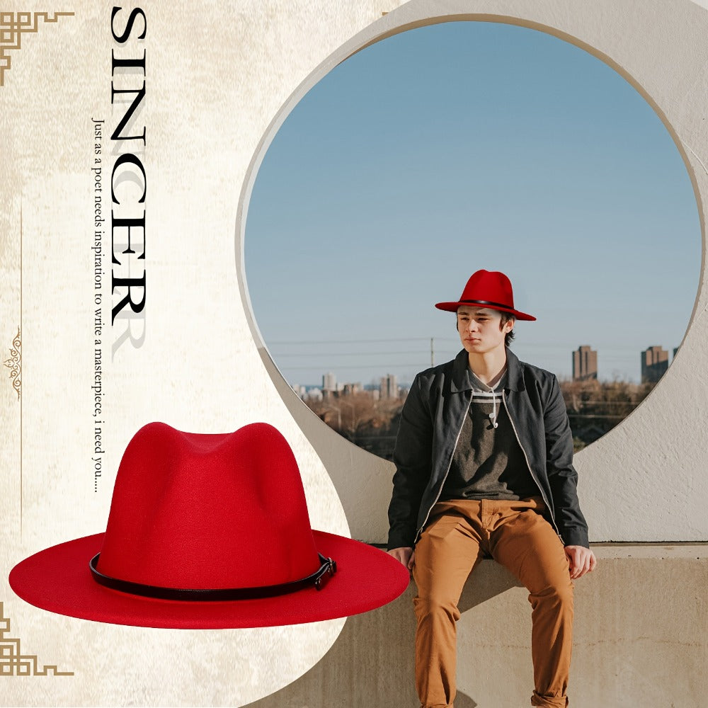 Fedora Hat - Panama Wide Brim Felt with Belt Buckle Women Men Trilby Cap 100% Polyester - product detail view 16
