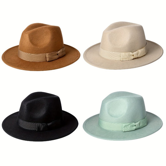 Fedora Hat - Panama Wide Brim Jazz Cap for Men Women Classic Woven with Bow Knot - main product view