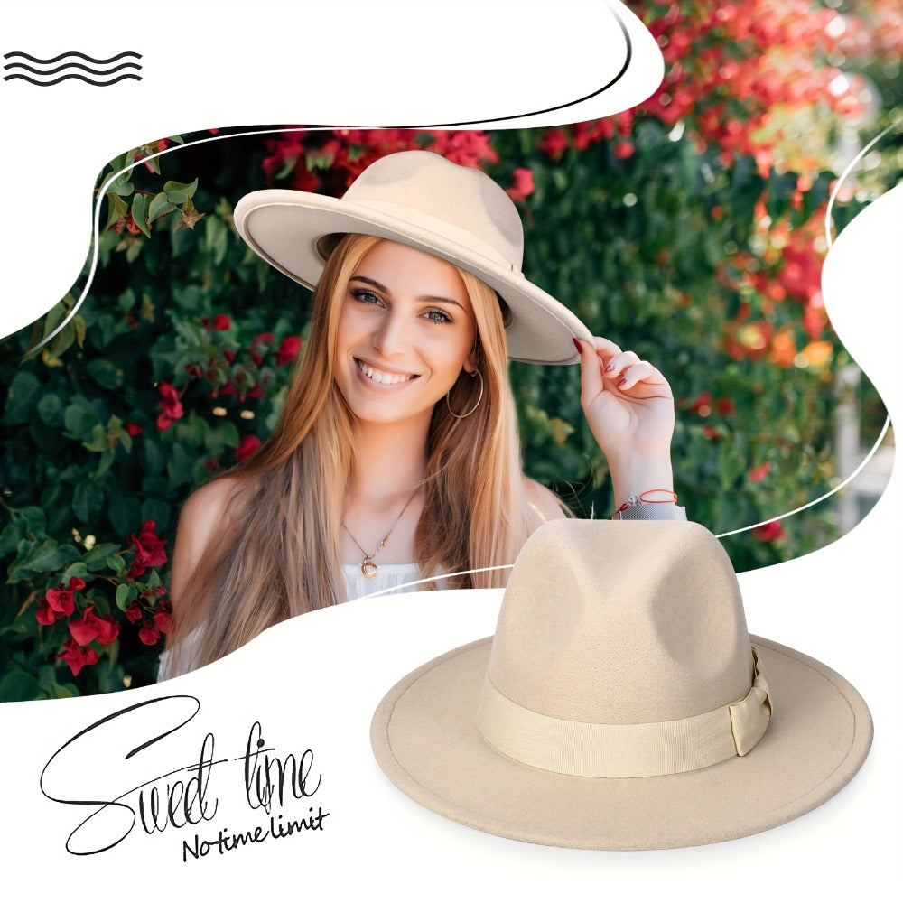 Fedora Hat - Panama Wide Brim Jazz Cap for Men Women Classic Woven with Bow Knot - product detail view 4