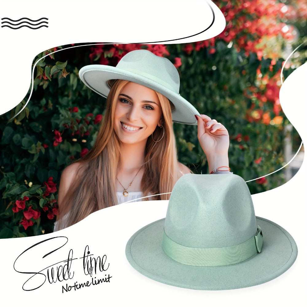Fedora Hat - Panama Wide Brim Jazz Cap for Men Women Classic Woven with Bow Knot - product detail view 12